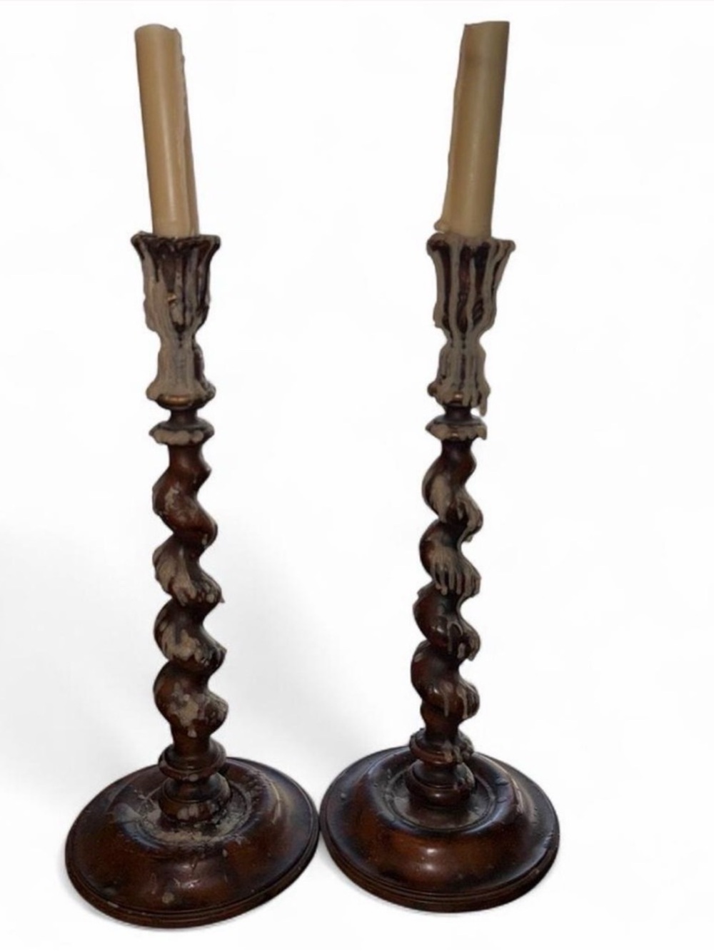 Brown Spiral Carved Wood Candlestick Pair